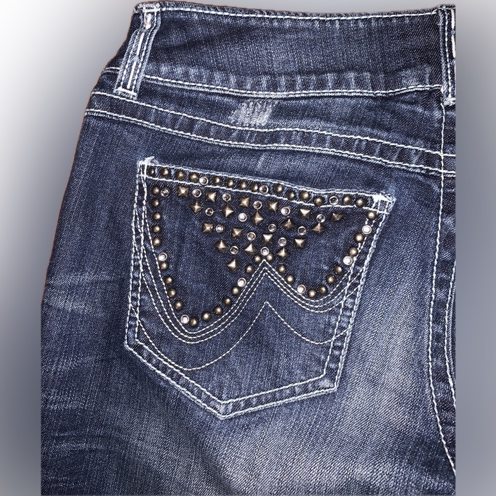 Wrangler Premium Patch Studded Bejeweled Distressed Y2K Flare Low Rise Jeans 5/6 - Picture 6 of 11